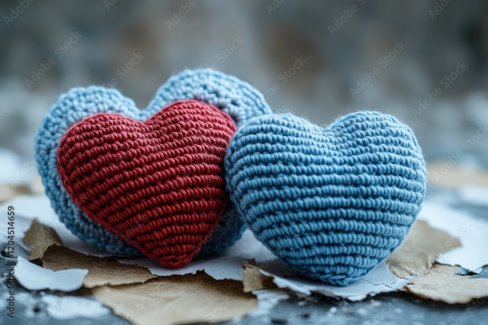 Obraz premium A pair of handmade crocheted hearts sit atop a pile of autumn leaves, perfect for a whimsical or romantic scene