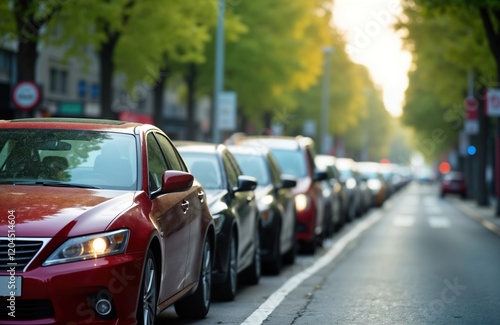 City street congested with parked cars. Traffic jam visible on roadside. Cars parked in a line along the street side. Urban traffic problem. Metropolitan area. Congested road. Many vehicles. photo