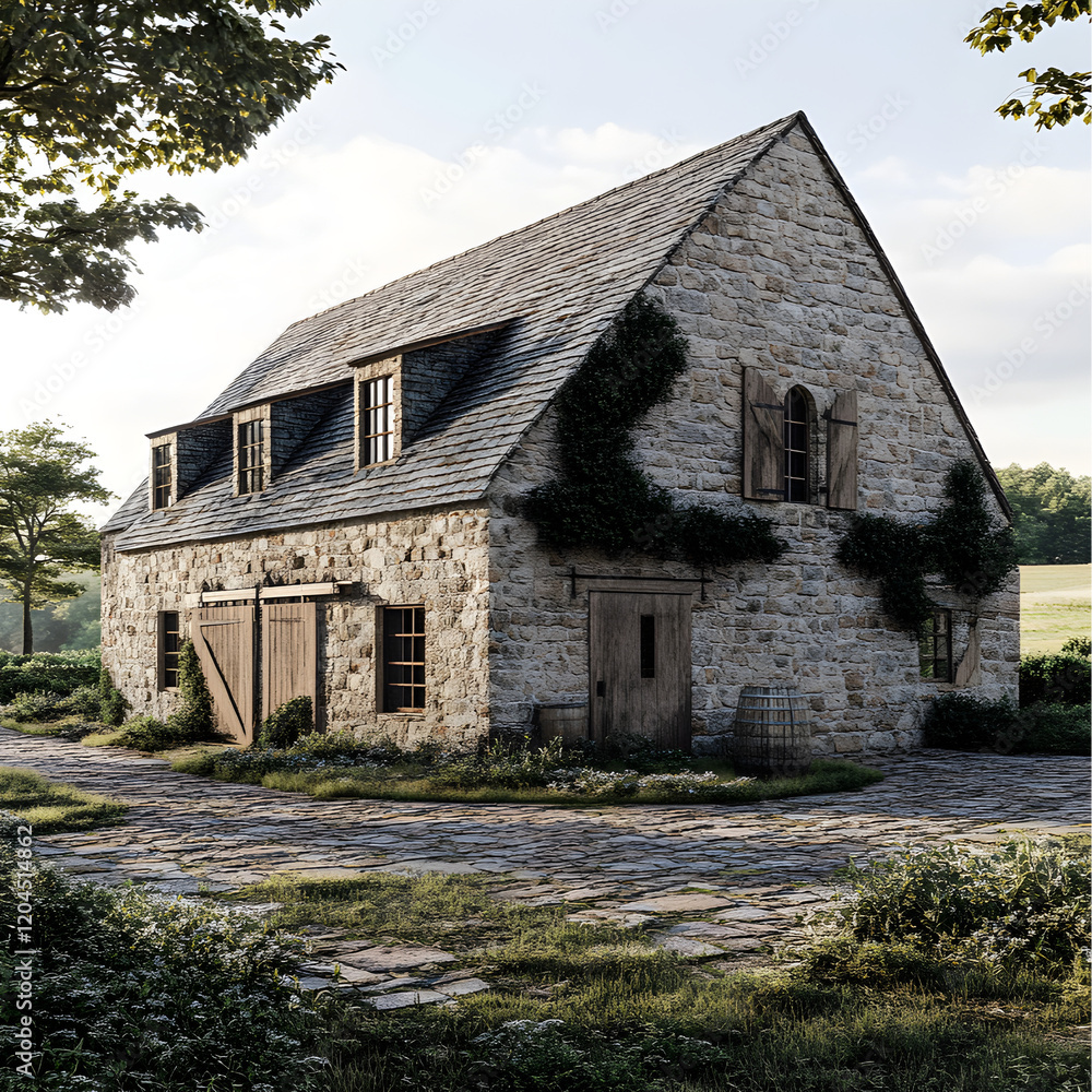 An barn constructed of stone in the Cotswold style with wooden beams and clapboard roof. An barn constructed of stone in the Cotswold style with wooden beams and clapboard roof.