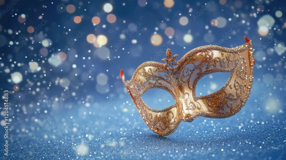 Naklejka premium A decorative golden masquerade mask on a solid blue background