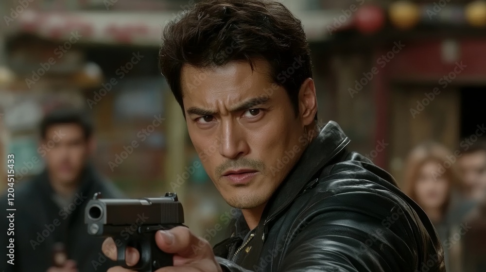 Intense confrontation in a gritty urban setting featuring a determined figure aiming a firearm with focus and seriousness Intense confrontation in a gritty urban setting featuring a determined figure aiming a firearm with focus and seriousness