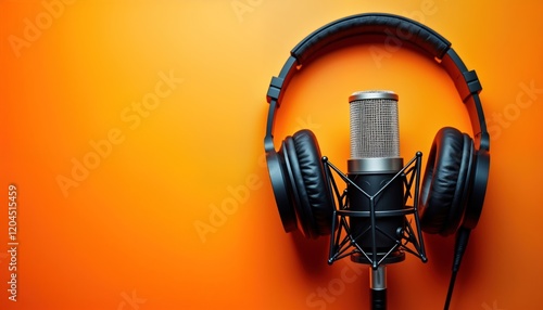 Studio tech equipment sits on vibrant orange backdrop. Headphones, recording microphone positioned for podcasting media production. Modern audio equipment creative design. Pro audio tools isolated
