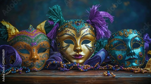 Various colorful masks arranged on a table photo