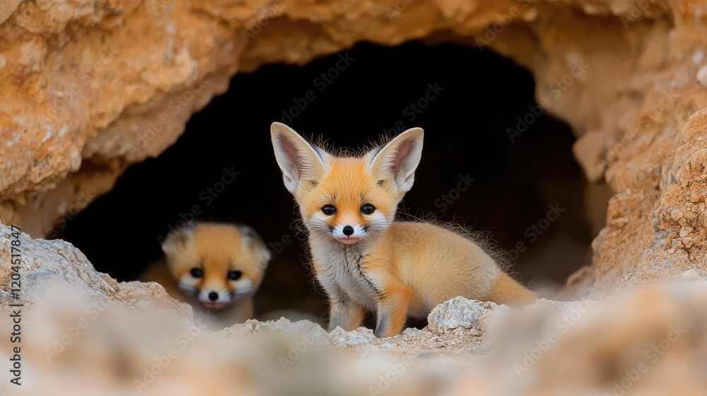Obraz premium Desert fox kits peeking from burrow, sandy background, wildlife photography, nature poster