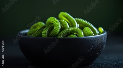 Close-up of bright green spiraled objects in a dark bowl on a black surface.