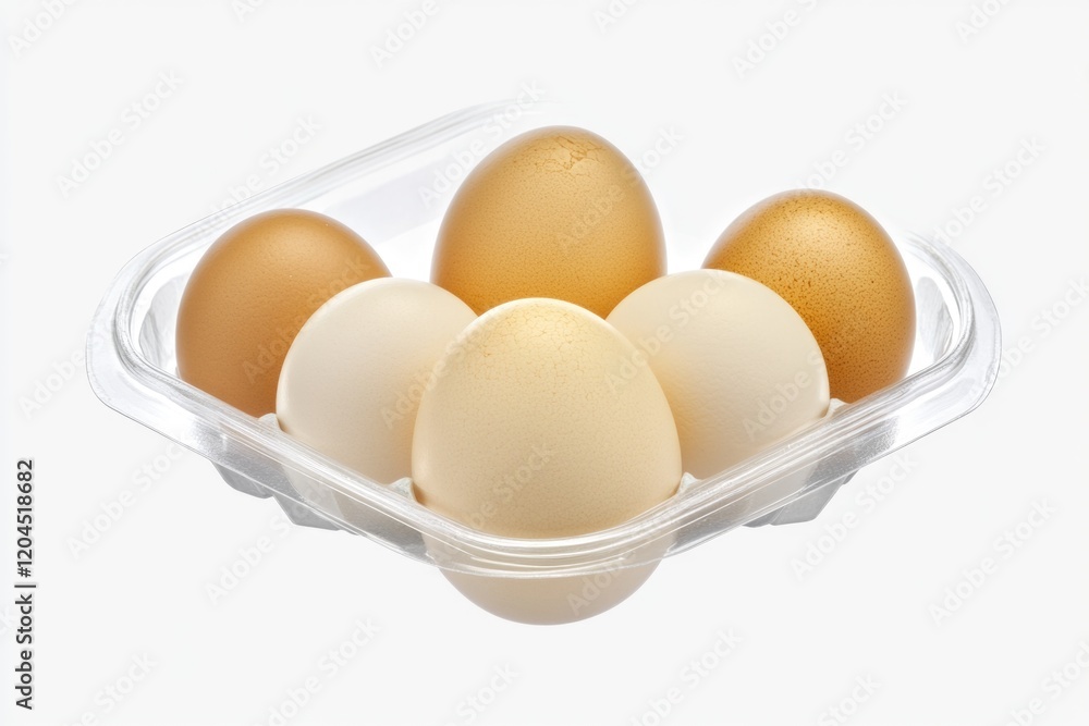 Fresh eggs in a clean plastic container on a white background, perfect for food photography or illustrations Fresh eggs in a clean plastic container on a white background, perfect for food photography or illustrations
