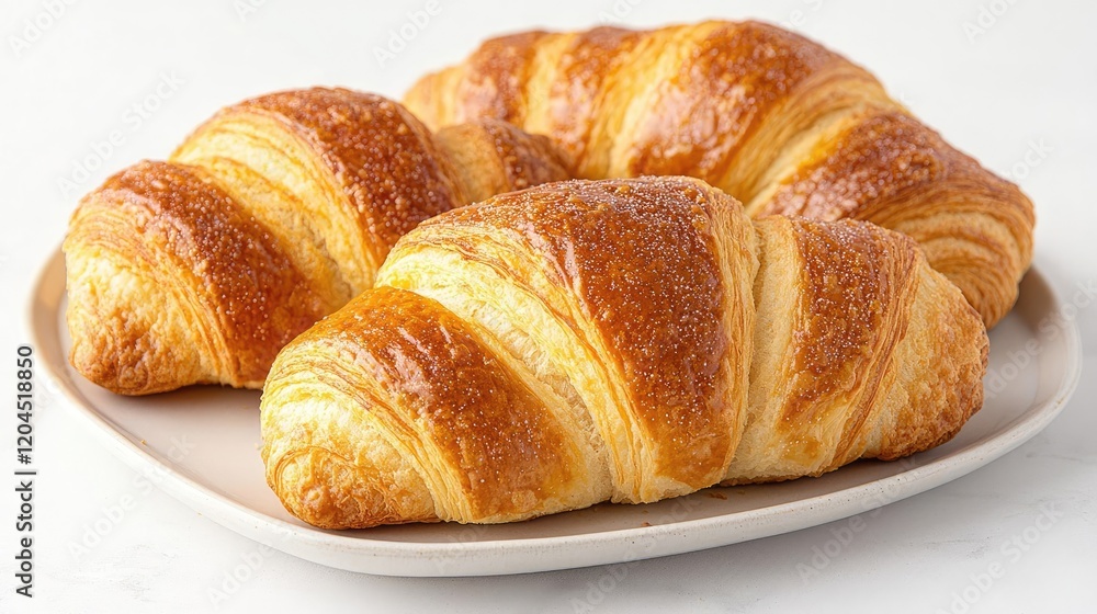 Three golden croissants on plate, bakery food, breakfast Three golden croissants on plate, bakery food, breakfast