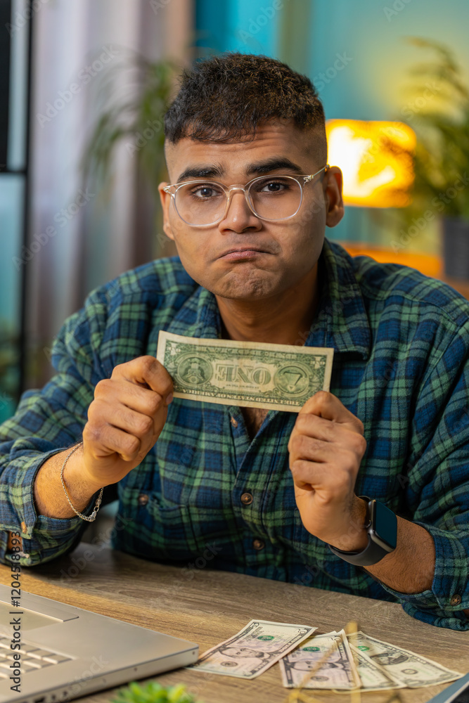 Indian man freelancer counting dollar cash insufficient amount of money. Financial crisis. Bankruptcy. Poverty and destitution. Hindu male guy businessman with laptop sitting at home office table Indian man freelancer counting dollar cash insufficient amount of money. Financial crisis. Bankruptcy. Poverty and destitution. Hindu male guy businessman with laptop sitting at home office table