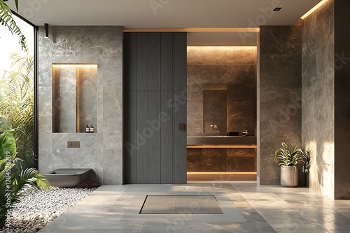 Panoramic view of a sliding gray wooden panel door, leading into a bathroom that combines modern style with natural elements. photo