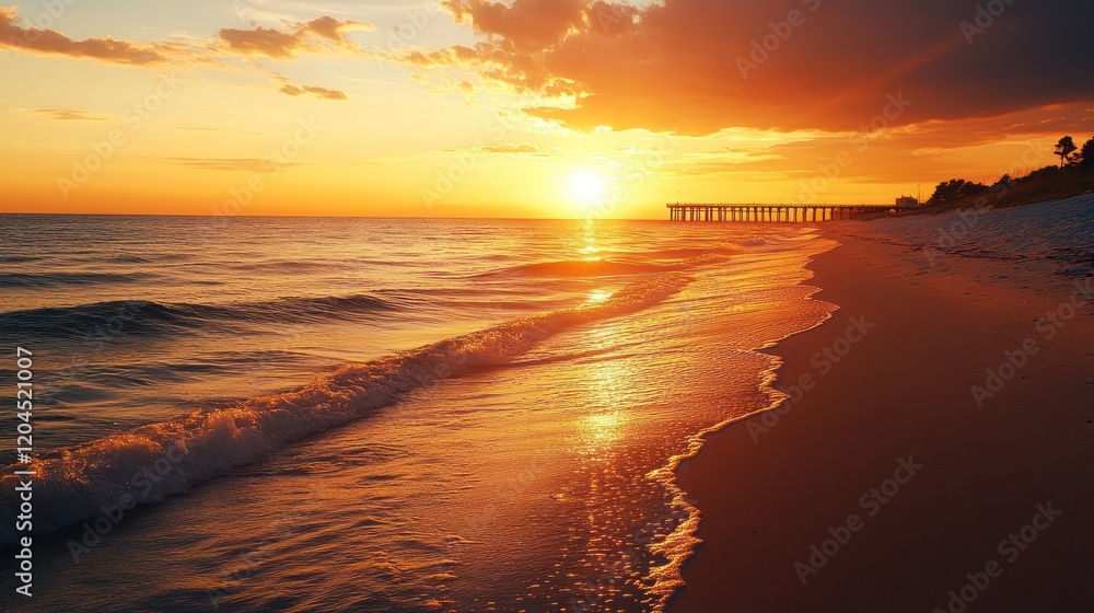 Fiery Sunset Over Coastal Beach and Pier