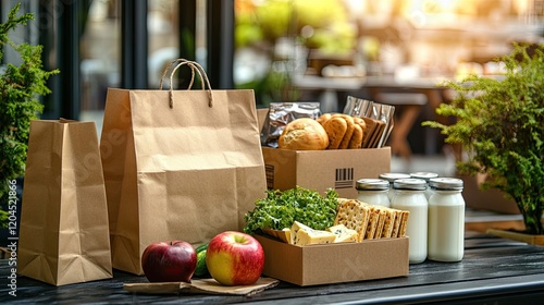 Grocery delivery; fresh produce, bread, dairy, and apples in eco-friendly packaging.