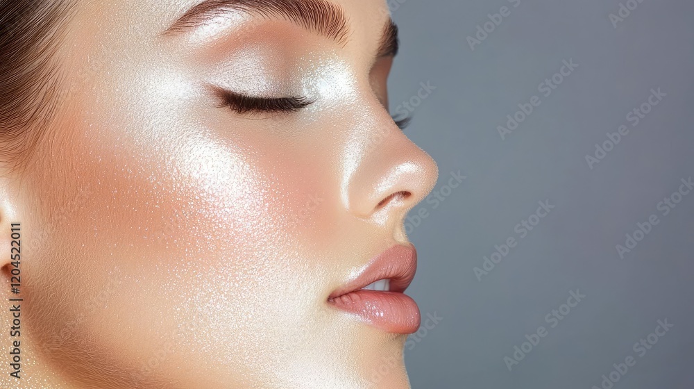 Woman's glowing face, profile view, beauty, skincare, cosmetics Woman's glowing face, profile view, beauty, skincare, cosmetics