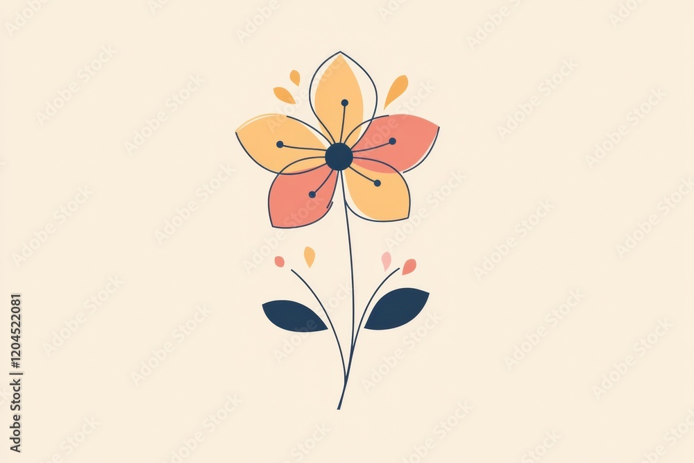 Colorful flower illustration with petals and leaves in a minimalist style on a light background. Generative AI Colorful flower illustration with petals and leaves in a minimalist style on a light background. Generative AI