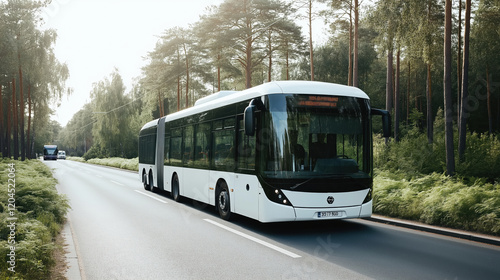 Eco-friendly electric bus traveling along tree-lined urban road in a modern city with nature-integrated architecture photo