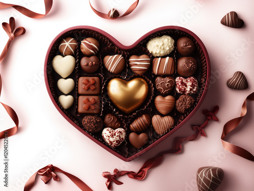 Luxury Heart-Shaped Chocolate Box with Premium Assorted Chocolates in Colors, Flavors, and Designs on an Elegantly Decorated Pink Background, Perfect for Valentine's Day Gifts