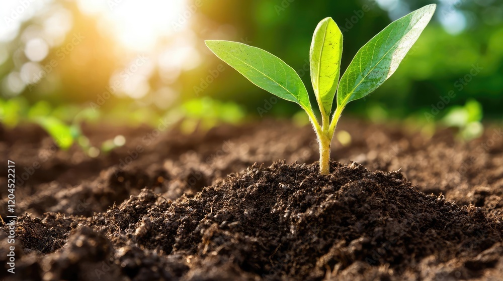 Seedling sprouting in rich soil, sunlight background, new growth, agriculture Seedling sprouting in rich soil, sunlight background, new growth, agriculture