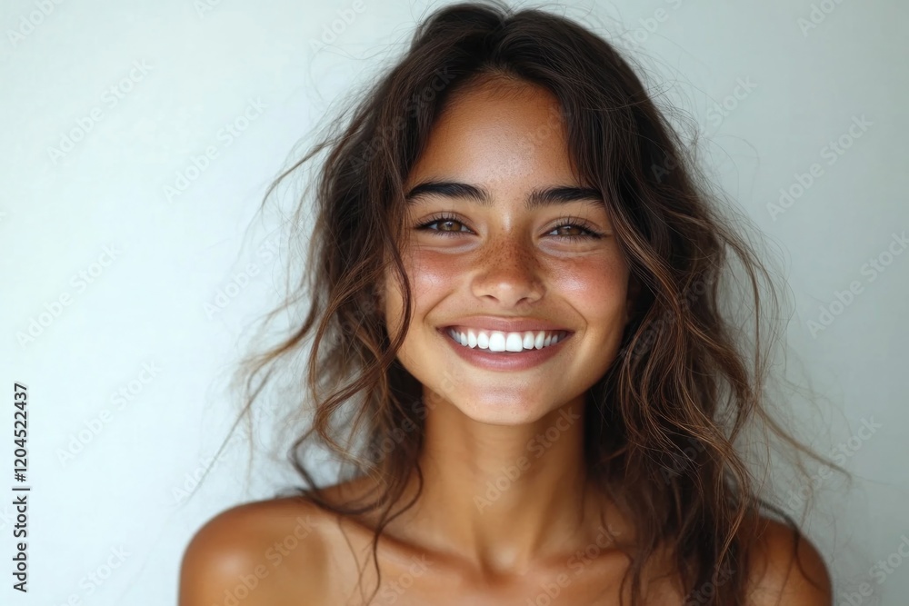 A happy woman with freckles is smiling for the camera A happy woman with freckles is smiling for the camera