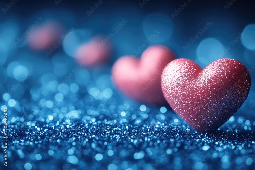 A single red heart placed on a blue glitter-covered surface, perfect for romantic and celebratory occasions