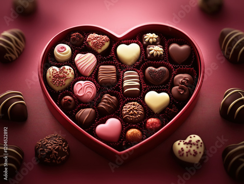Heart-Shaped Chocolate Box with Assorted Shapes, Flavors, and Textures on Soft Pink Velvet, Adorned with Chocolates, Perfect for Valentine's Day Gifts.
