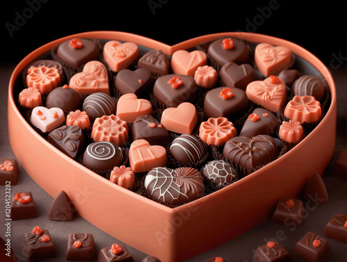 Heart-Shaped Chocolate Box with Assorted Premium Chocolates on a Background Adorned with More Chocolates.