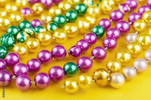 A close-up shot of colorful beads scattered on a bright yellow background