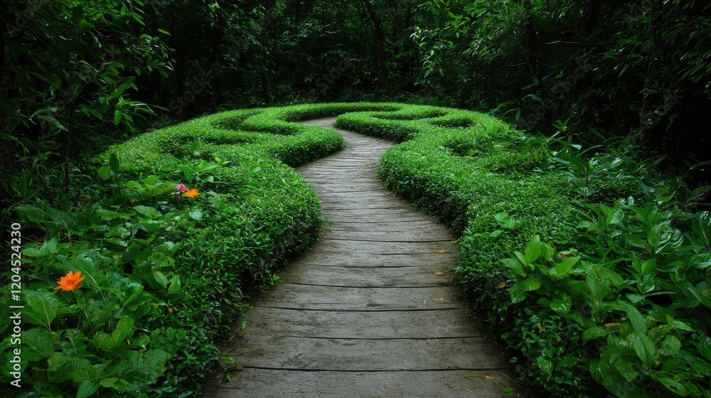 Fototapeta premium Winding path through lush green hedge maze in a tranquil forest