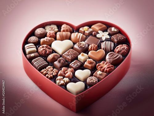 Heart-Shaped Chocolate Box with Assorted Shapes, Flavors, and Textures on Soft Pink Velvet Fabric, Perfect for Valentine's Day Gifts.