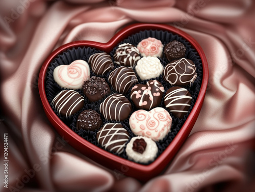 Heart-Shaped Chocolate Box with Assorted Shapes, Flavors, and Textures on Soft Pink Velvet Fabric, Perfect for Valentine's Day Gifts.