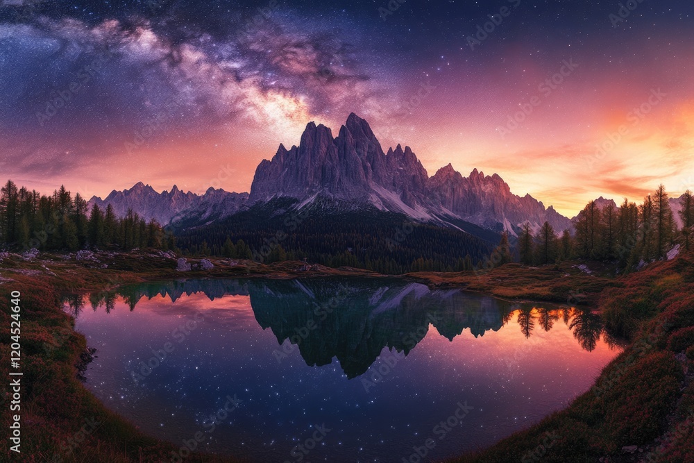 Fototapeta premium Majestic mountain range reflecting in a serene lake under a vibrant Milky Way.