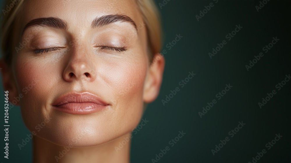 Obraz premium A peaceful close-up of a middle-aged woman with closed eyes, glowing skin, and a relaxed expression in a minimalist setting. Beauty portrait.