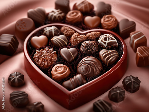 Heart-Shaped Chocolate Box with Assorted Shapes, Flavors, and Textures on Soft Pink Velvet, Adorned with Chocolates, Perfect for Valentine's Day Gifts.