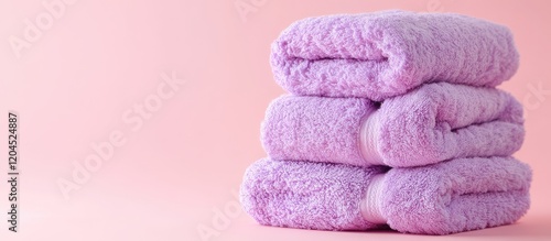 Stack of three lavender bath towels on pink background.