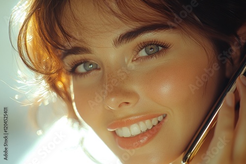 A close-up shot of a woman speaking on her mobile phone, likely in a busy or distracting environment photo