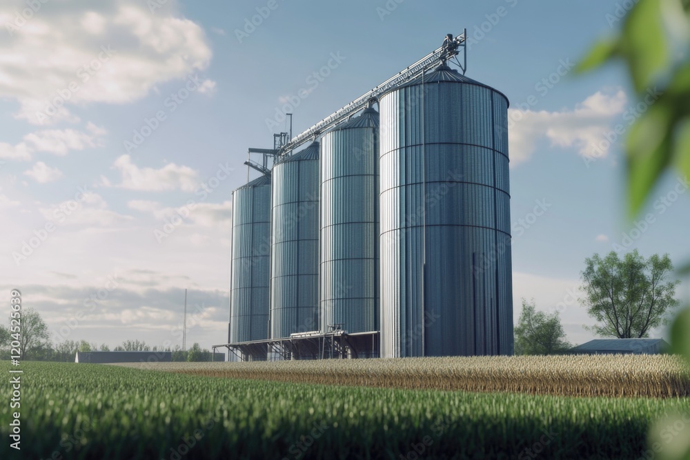 Large agricultural silos situated in a green field, perfect for rural or countryside themed projects Large agricultural silos situated in a green field, perfect for rural or countryside themed projects
