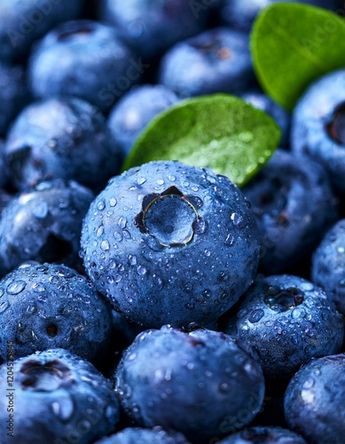 Water drops on ripe sweet blueberry. Fresh blueberries background with copy space for your text. Vegan and vegetarian concept. Macro texture of blueberry berries.Texture blueberry berries close up