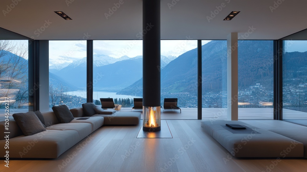 Fototapeta premium Modern mountain home living room with fireplace and lake view