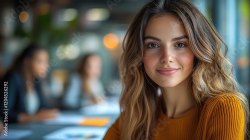 Free Download A beautiful young woman sits among others, engaging in a conversation or presentation - GFXLoad