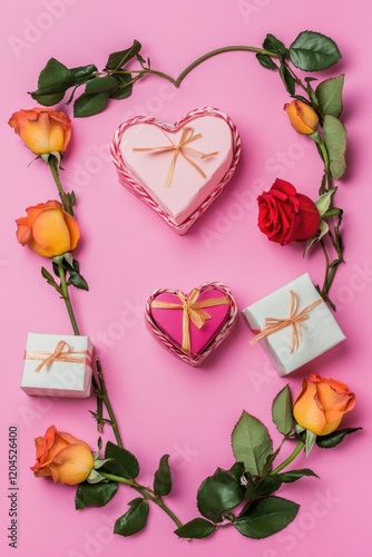 A heart-shaped frame filled with roses and gift boxes against a pink background, perfect for romantic occasions