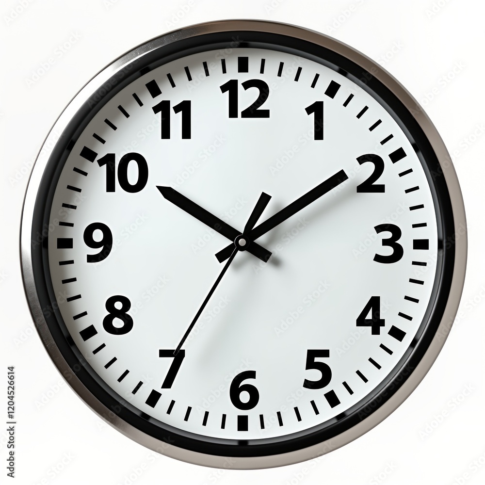 Wall clock shows ten past ten. Modern metallic wall clock isolated on white background. Timepiece features black hands, numbers on white dial. Simple design, clean lines. Accurate timekeeping, Wall clock shows ten past ten. Modern metallic wall clock isolated on white background. Timepiece features black hands, numbers on white dial. Simple design, clean lines. Accurate timekeeping,