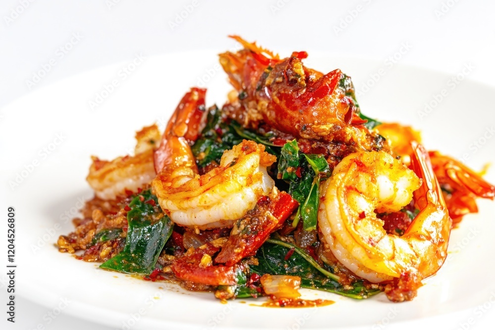 A dish of succulent shrimp and fresh spinach served on a clean white plate, perfect for a quick meal or presentation A dish of succulent shrimp and fresh spinach served on a clean white plate, perfect for a quick meal or presentation
