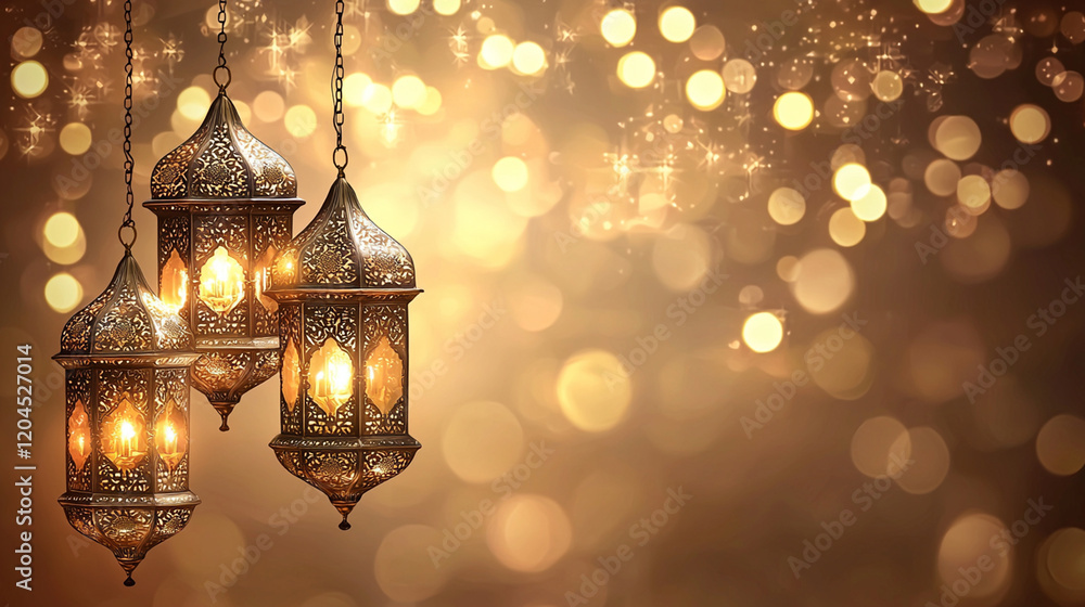 Festive lanterns glow against a bokeh background, ideal for Ramadan or Eid celebrations