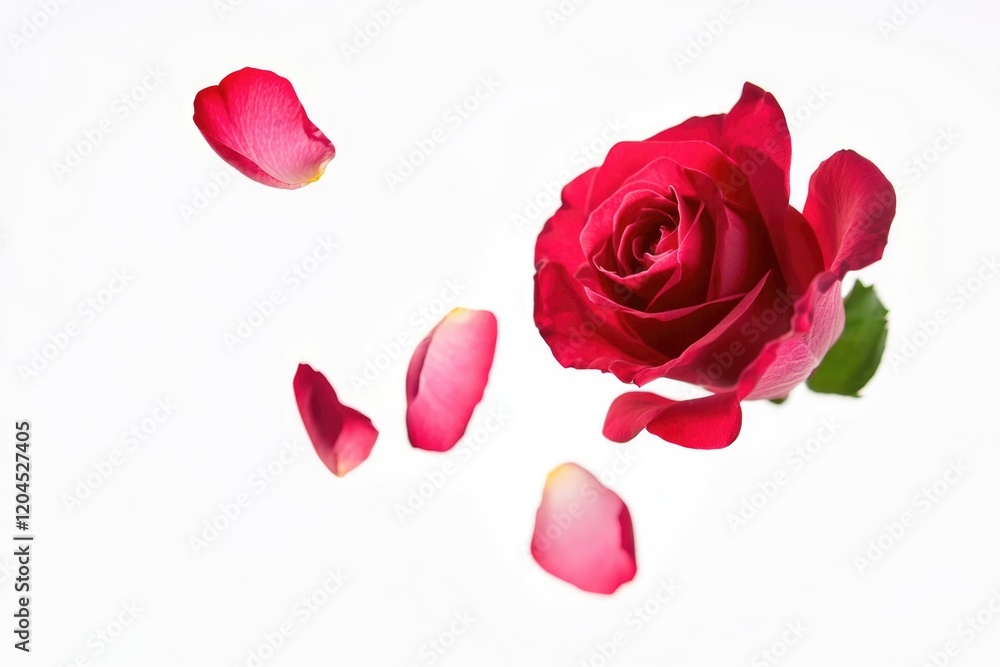 A close-up shot of a red rose with its petals flying through the air, great for romantic or whimsical themes A close-up shot of a red rose with its petals flying through the air, great for romantic or whimsical themes