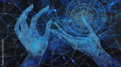 Crystalline hands interacting with digital network.