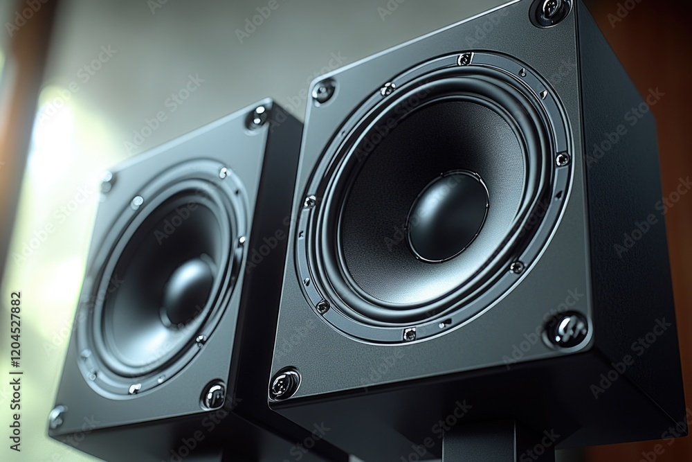 Two speakers stacked on top of each other, possibly used as a decorative piece or a creative solution for small spaces Two speakers stacked on top of each other, possibly used as a decorative piece or a creative solution for small spaces