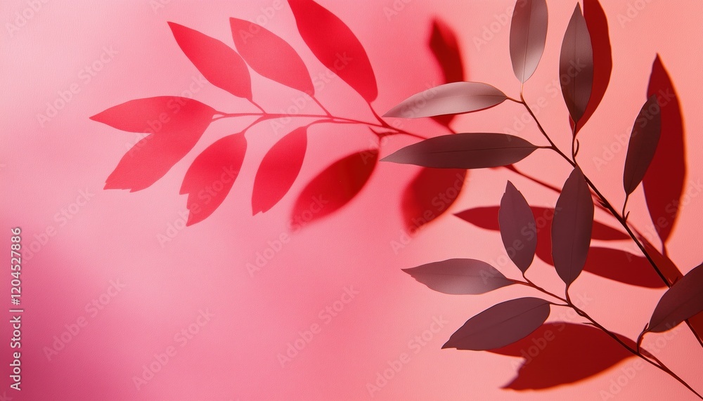 Fototapeta premium Vibrant Red And Pink Summer With Tropical Palm Shadow: Trendy Pastel Paper And Exotic Plant Layout With Leaf Silhouette Overlay