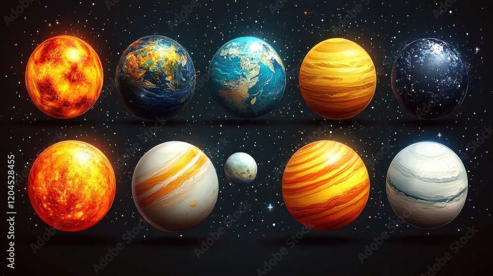 Fototapeta premium A set of nine planets orbiting in the vastness of space