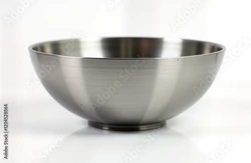 Stainless steel bowl isolated on white background. Simple design kitchen utensil. Versatile cooking, mixing equipment. Practical, modern houseware. Studio shot for food blog. Suitable for various photo