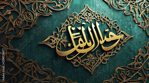 Gold Arabic calligraphy on teal ornate background.
