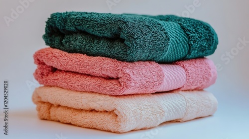 Stack of three folded bath towels in teal, pink, and beige.