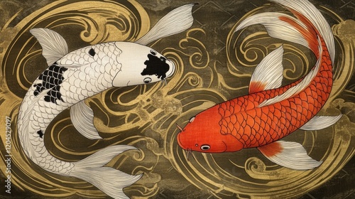Two Koi fish swimming in swirling water, black and white, red and orange.